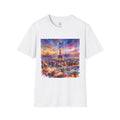 Unisex t-shirt featuring a vivid, artistic 3D watercolor painting of the Eiffel Tower in Paris.