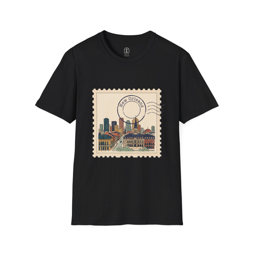 Unisex t-shirt featuring a vintage postage stamp illustration of the New Orleans skyline in watercolor with a round postmark.