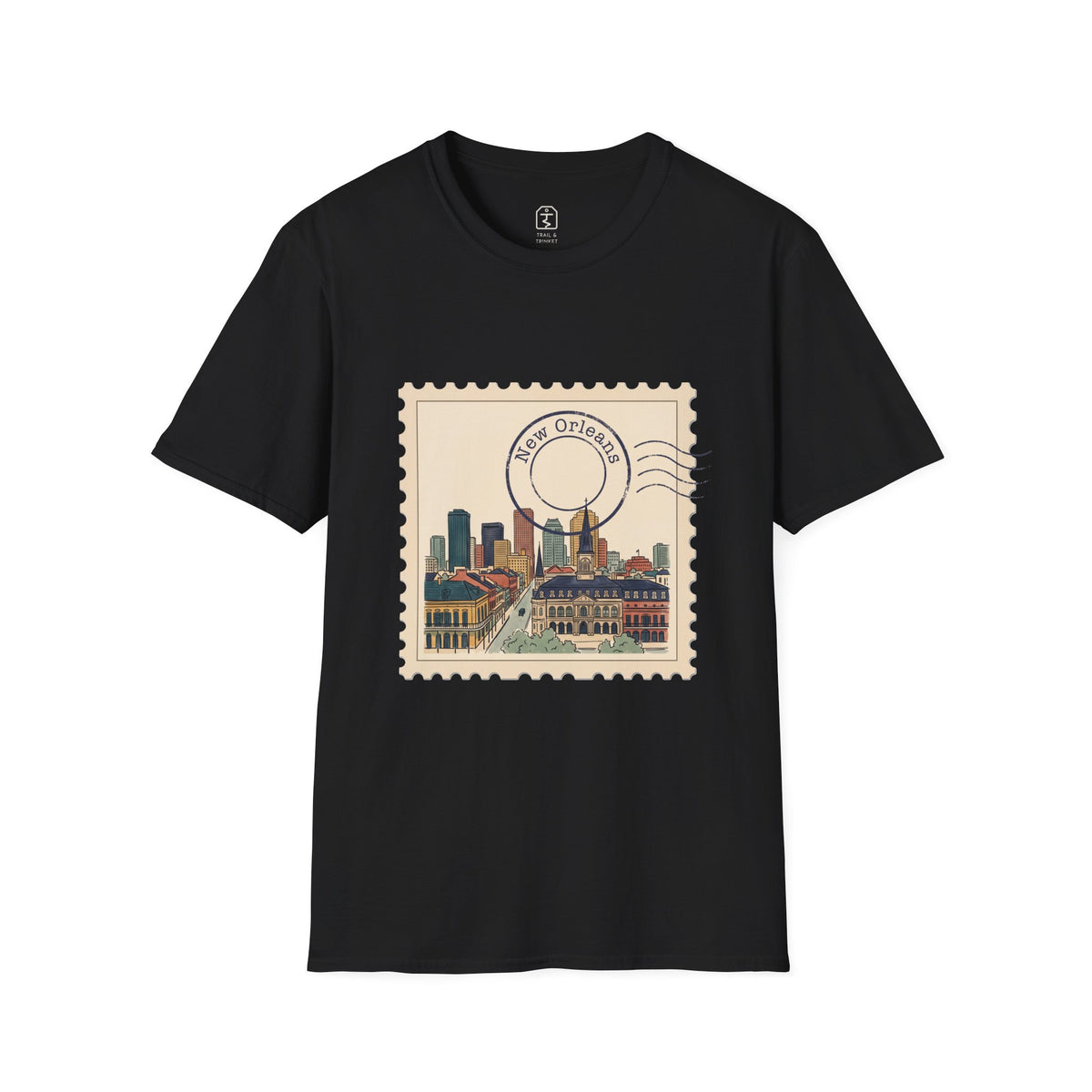 Unisex t-shirt featuring a vintage postage stamp illustration of the New Orleans skyline in watercolor with a round postmark.