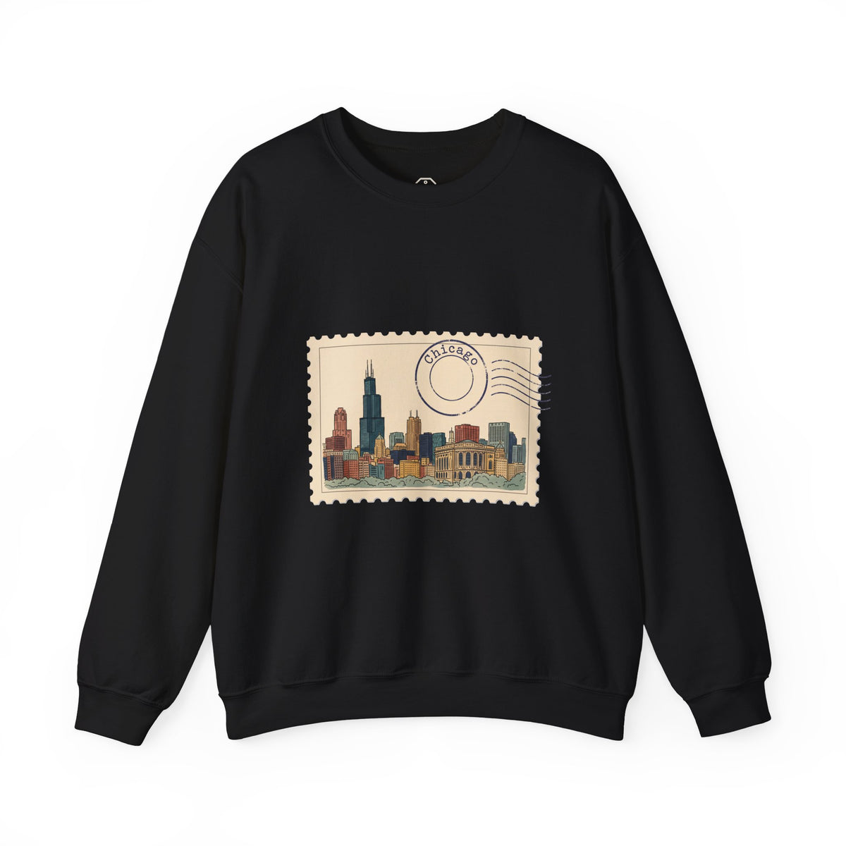 White crewneck sweatshirt featuring a vintage postage stamp design with a watercolor Chicago skyline and navy postmark.