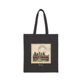 Cotton canvas tote bag featuring a vintage postage stamp with a watercolor illustration of New Orleans and a round postmark.