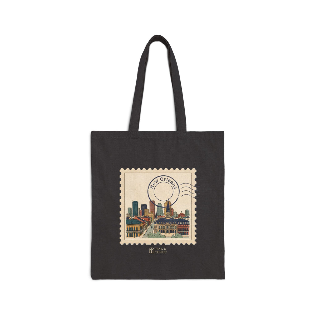 Cotton canvas tote bag featuring a vintage postage stamp with a watercolor illustration of New Orleans and a round postmark.